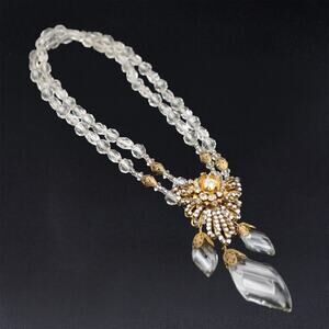 Vintage Miriam Haskell Signed Crystal 1940s Gilt Pendant Necklace Faceted Drops